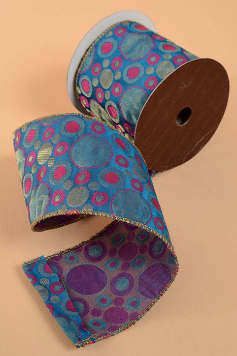 4" X 10yds Jacquard Retro Dots Wired Ribbon Blue/fuchsia