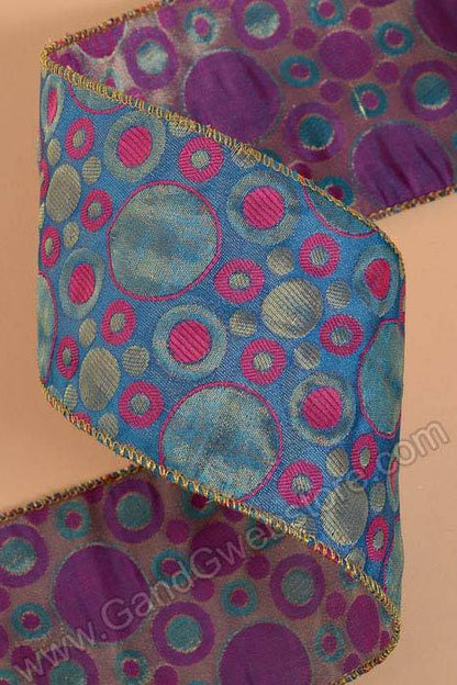 4" X 10yds Jacquard Retro Dots Wired Ribbon Blue/fuchsia