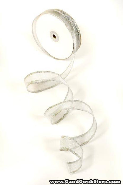 1" Wired Metallic Organza Ribbon W/iridescent Edge Silver X25yds