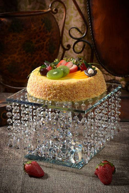 9.75" X 7.5" Squared Glass Cake Stand W/acrylic Beads Clear