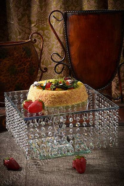 13.75" X 7.5" Squared Glass Cake Stand W/acrylic Beads Clear