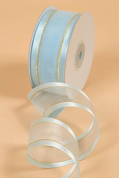 Sheer Satin W/gold Trim Ribbon - Light Blue 