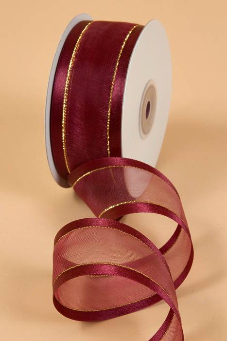 Sheer Satin W/gold Trim Ribbon - Burgundy 