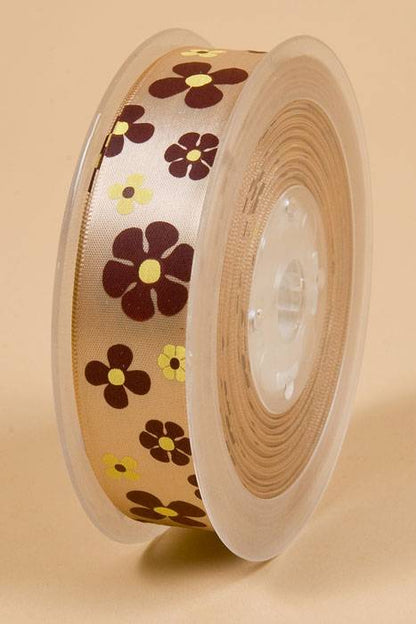7/8" X 25yds Single Face Satin W/printed Flowers Tan 