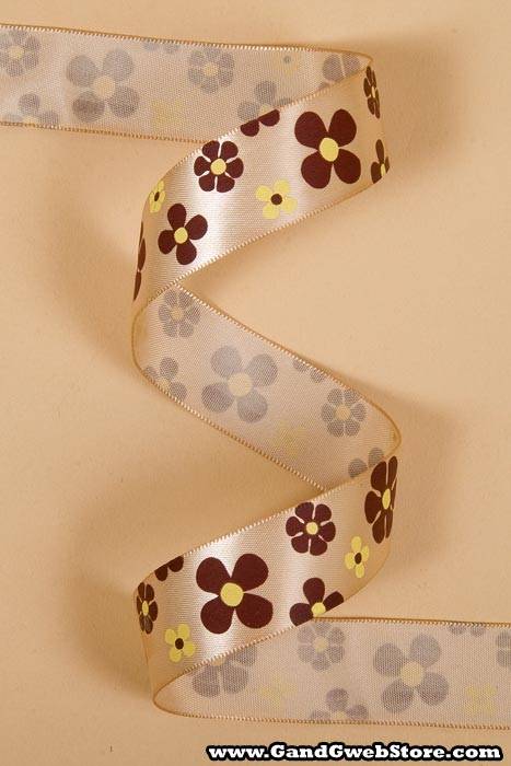7/8" X 25yds Single Face Satin W/printed Flowers Tan 
