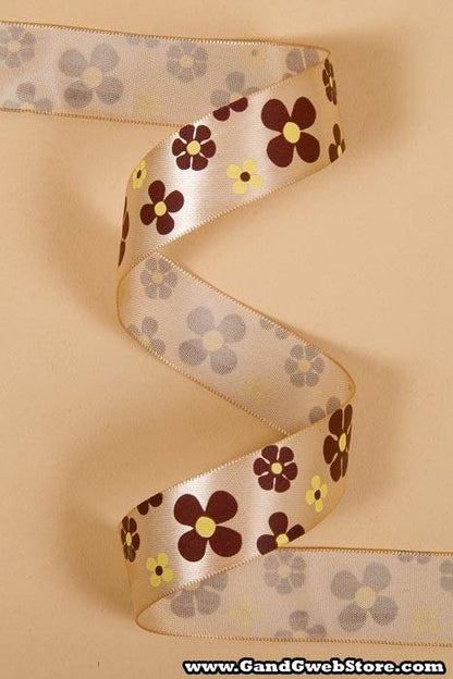 7/8" X 25yds Single Face Satin W/printed Flowers Tan 