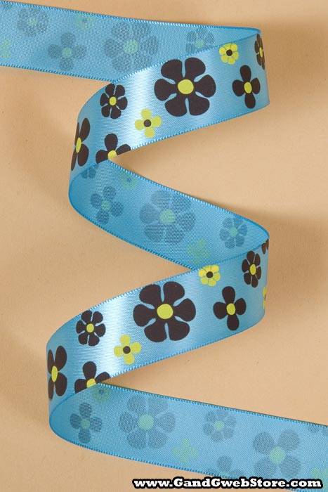 7/8" X 25yds Single Face Satin W/printed Flowers Turquoise 