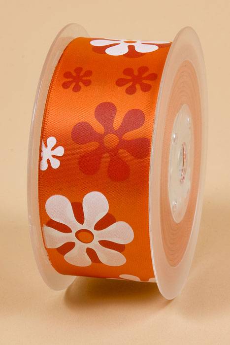 1-1/2" X 25yds Single Face Satin W/printed Flowers Torrid Orange 
