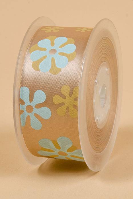 1-1/2" X 25yds Single Face Satin W/printed Flowers Tan 