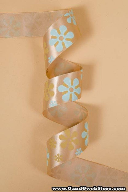 1-1/2" X 25yds Single Face Satin W/printed Flowers Tan 