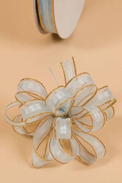 3/8" X 25yds Sheer Pull Bow W/gold Trim Light Blue