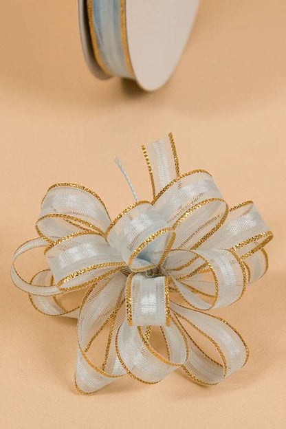 3/8" X 25yds Sheer Pull Bow W/gold Trim Light Blue
