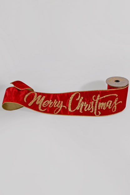 6" X 70" Velvet Gold Glitter Christmas Banner Red