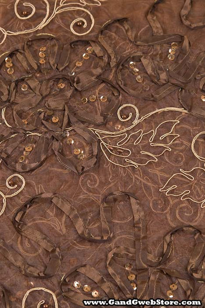 27" X 108" Sheer Fabric W/satin Flowers Brown/beige