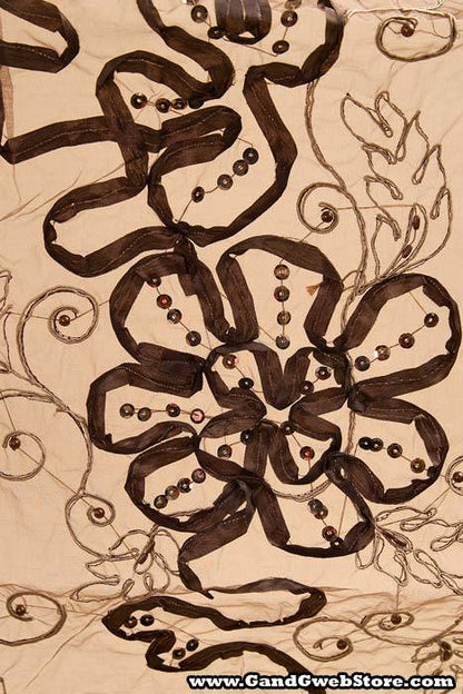 27" X 108" Sheer Fabric W/satin Flowers Brown/beige