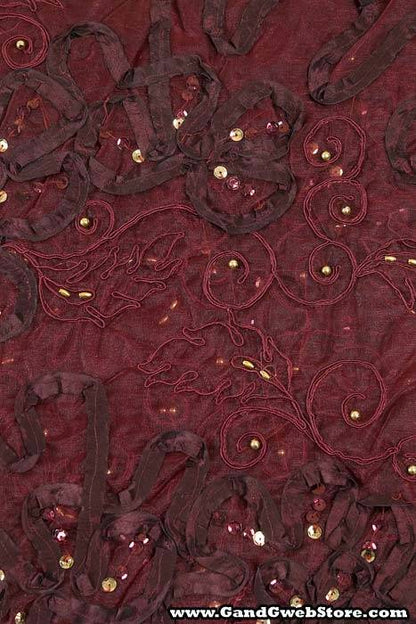27" X 108" Sheer Fabric W/satin Flowers Burgundy/gold