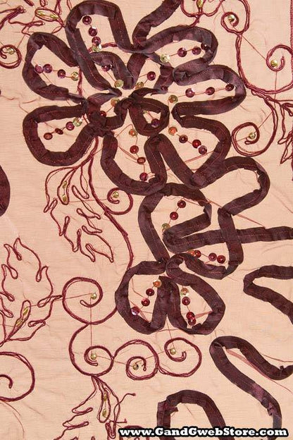 27" X 108" Sheer Fabric W/satin Flowers Burgundy/gold