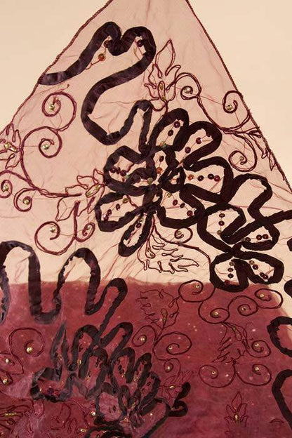 27" X 108" Sheer Fabric W/satin Flowers Burgundy/gold