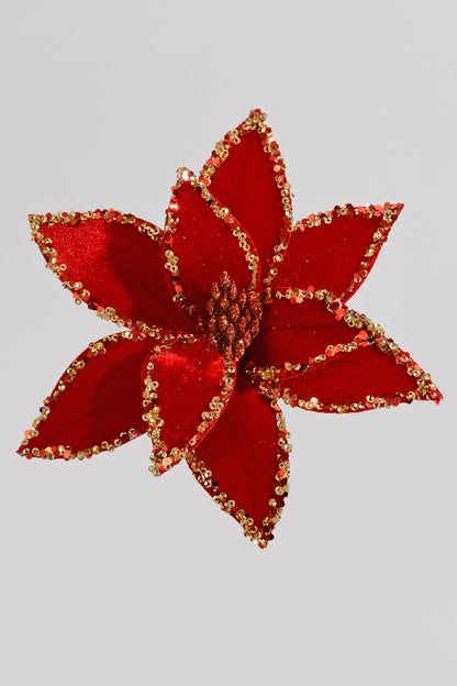 7" Poinsettia Sequin Edge W/Clip Red