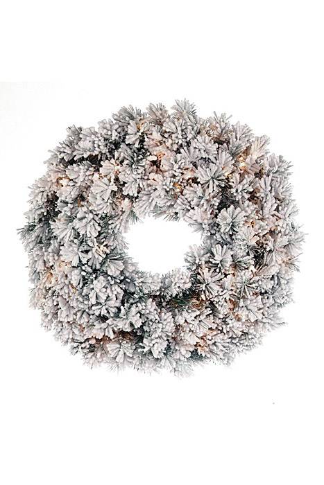 28" Flocked Pine Wreath  W/lights Green