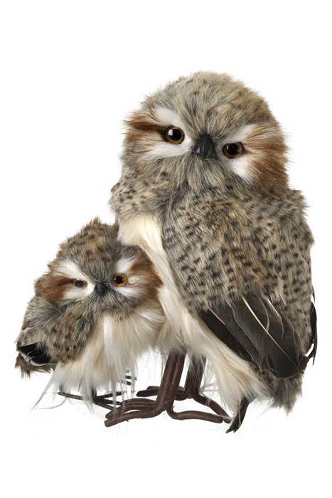 10.5" Standing Speckled Hoot Owl W/baby Natural