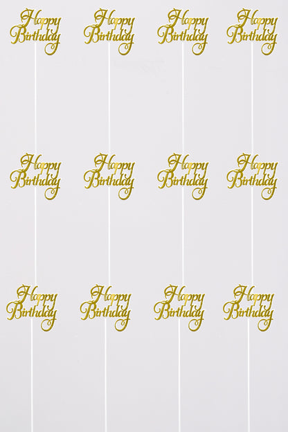 11 .5" Happy Birthday Pick Gold/White Pkg12