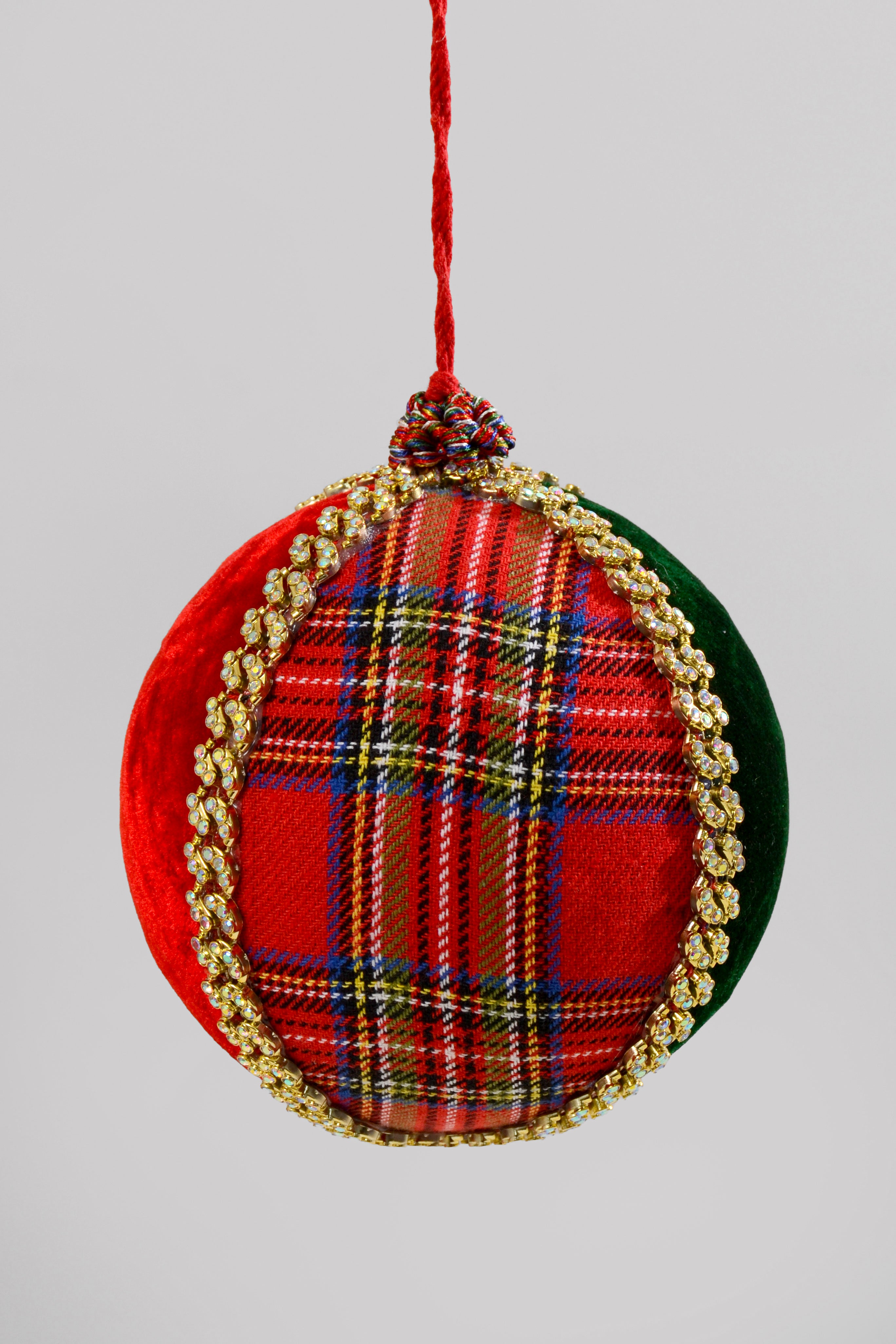 6" Diamond Plaid/Velvet Ball Ornament Red/Green