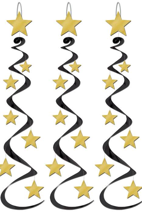 30" Hanging Star Whirls Black/gold Set/3