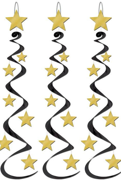 30" Hanging Star Whirls Black/gold Set/3