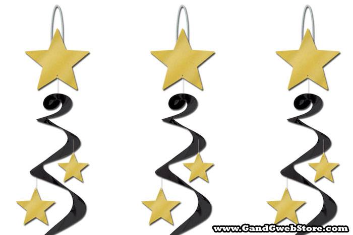 30" Hanging Star Whirls Black/gold Set/3