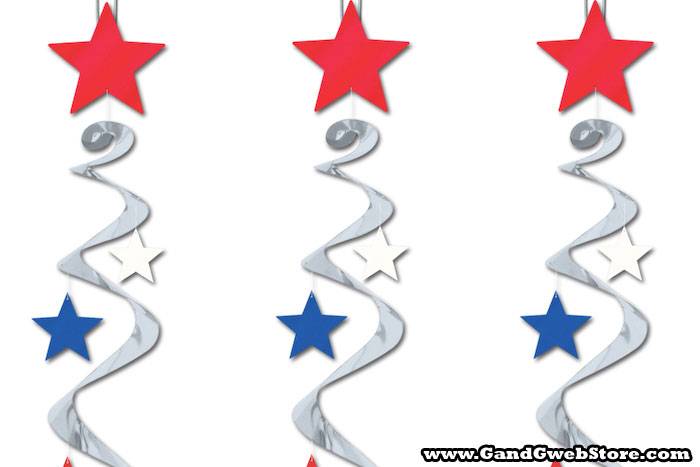 30&quot; Hanging Star Whirls Red/silver/blue Pkg/3