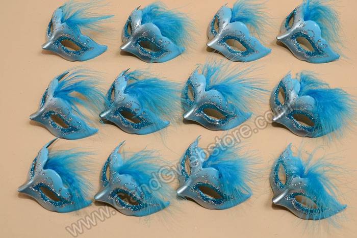 3" X 1.5" Mini Feather Mask Turquoise/silver Pkg/12