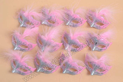 3" X 1.5" Mini Feather Mask Pink/silver Pkg/12