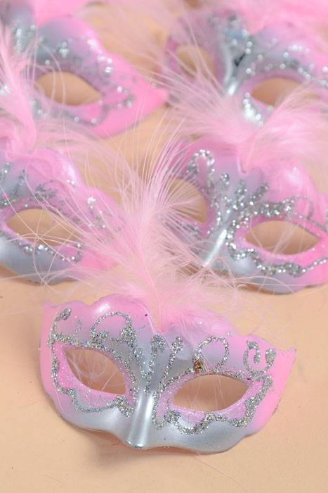 3" X 1.5" Mini Feather Mask Pink/silver Pkg/12