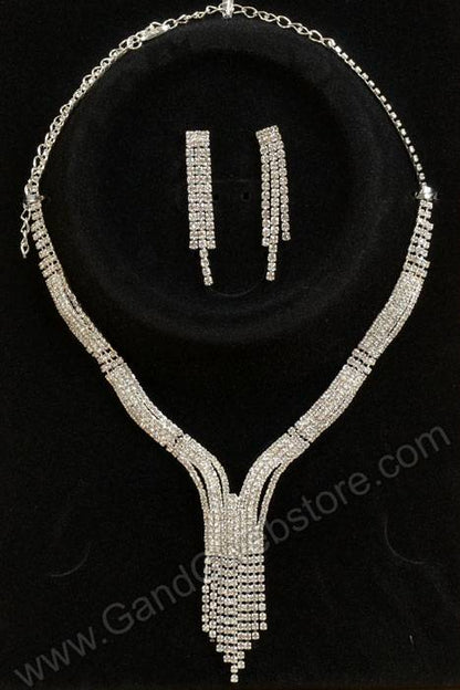 Crystal Rhinestone Necklace &amp; Earrings Set Silver