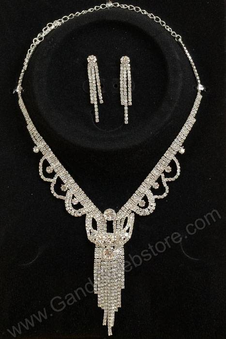 Rhinestone Necklace &amp; Earrings Set Silver