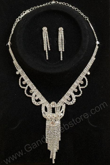 Rhinestone Necklace &amp; Earrings Set Silver