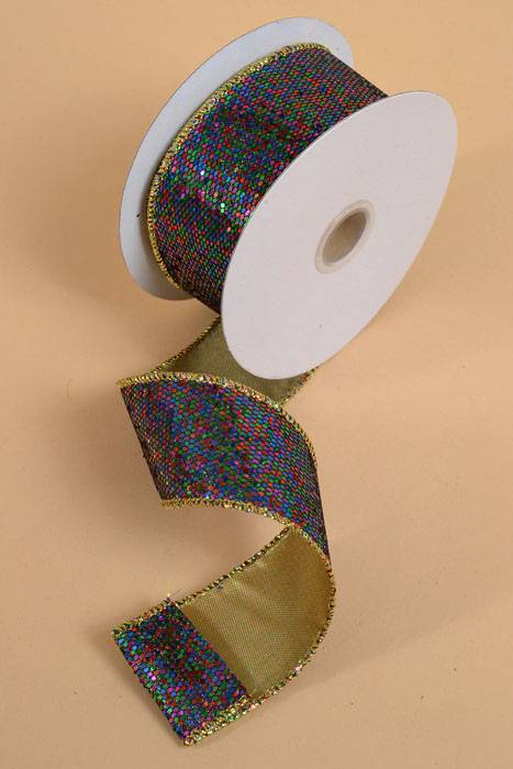 1.5" X 10yds Glitter Wired Ribbon W/gold Edge Multicolor