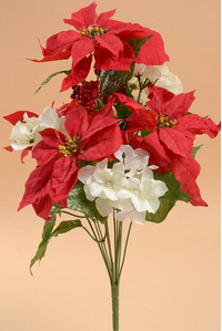 18" VELVET POINSETTIA/HYDRANGEA/HOLLY BUSH RED/WHITE