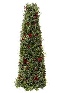 30" RED BERRY/FROSTED BOXWOOD CONE TREE FROSTED RED/GREEN