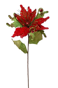 24" GLITTER VELVET CURLY JINGLE BELL POINSETTIA RED/GREEN