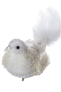 14" VELVET/PEARL FEATHER BIRD W/CLIP (WHITE)