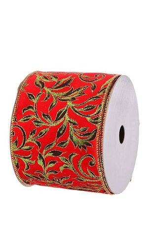 4" X 10YDS WIRED PRINTED LEAF VINE ON VELVET RIBBON RED/GREEN/GOLD