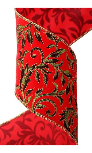 4" X 10YDS WIRED PRINTED LEAF VINE ON VELVET RIBBON RED/GREEN/GOLD