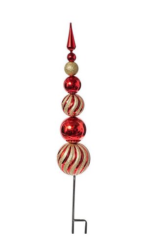 36" BALL STACK SHINE/GLITTER FINIAL STAKE RED/GOLD