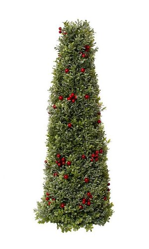 30" RED BERRY/FROSTED BOXWOOD CONE TREE FROSTED RED/GREEN