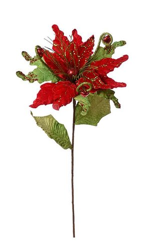 24" GLITTER VELVET CURLY JINGLE BELL POINSETTIA RED/GREEN