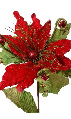 24" GLITTER VELVET CURLY JINGLE BELL POINSETTIA RED/GREEN