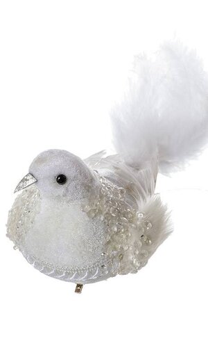 14" VELVET/PEARL FEATHER BIRD W/CLIP (WHITE)