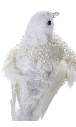 14" VELVET/PEARL FEATHER BIRD W/CLIP (WHITE)